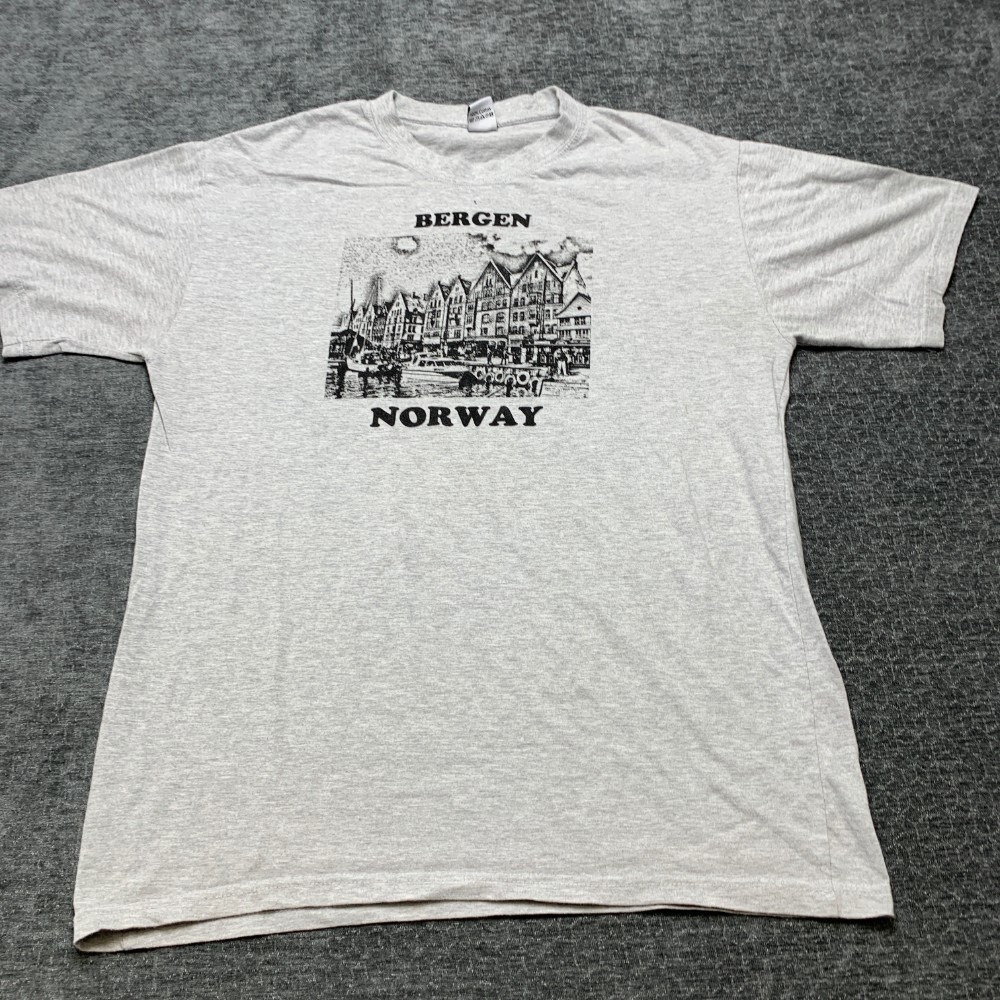 Vintage Norway Design Bergen Norway T Shirt Mens 2XL Gray Graphic Long Sleeve